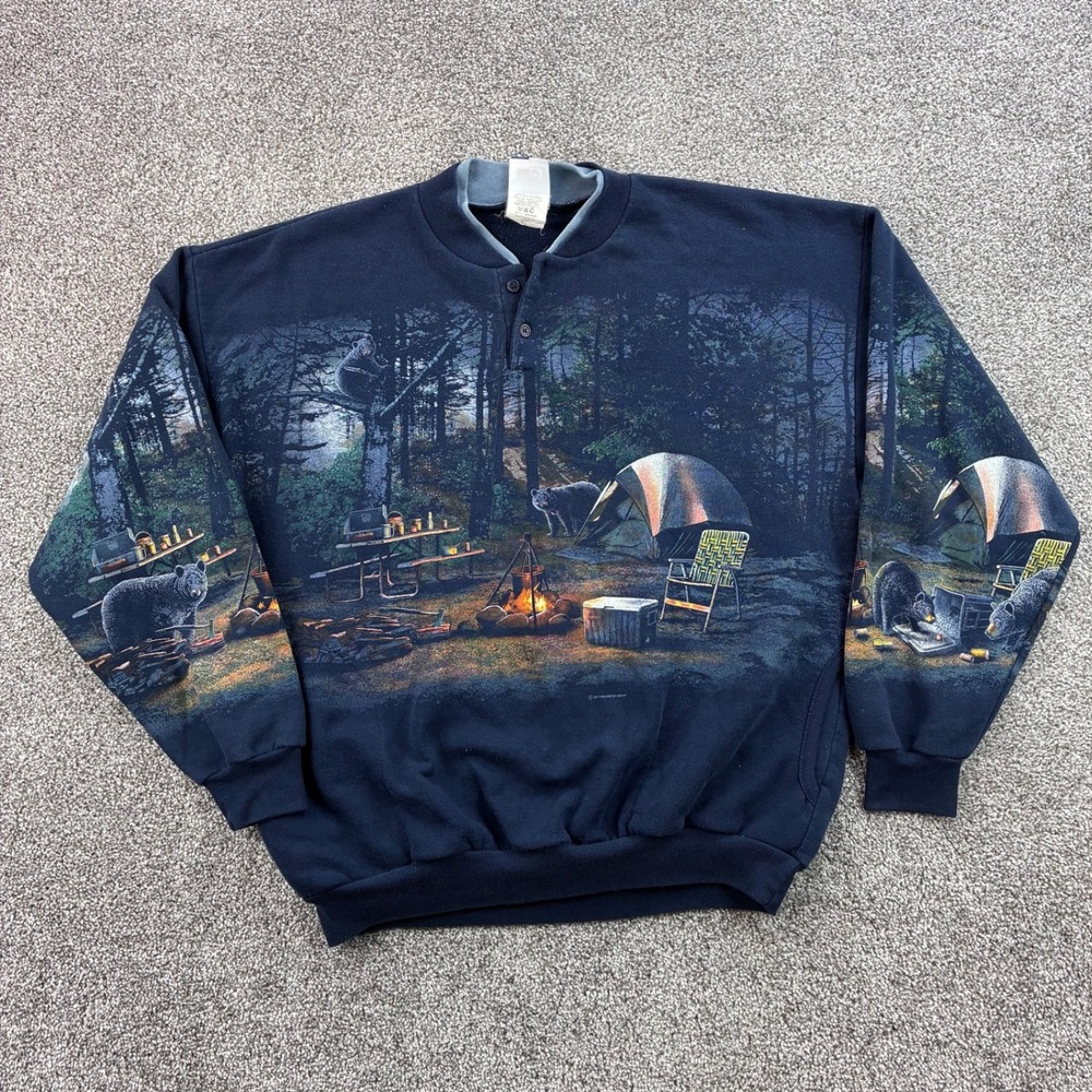 Vintage Black Bear Sweatshirt Mens XL Black Cotton Bear Camping Art Unlimited